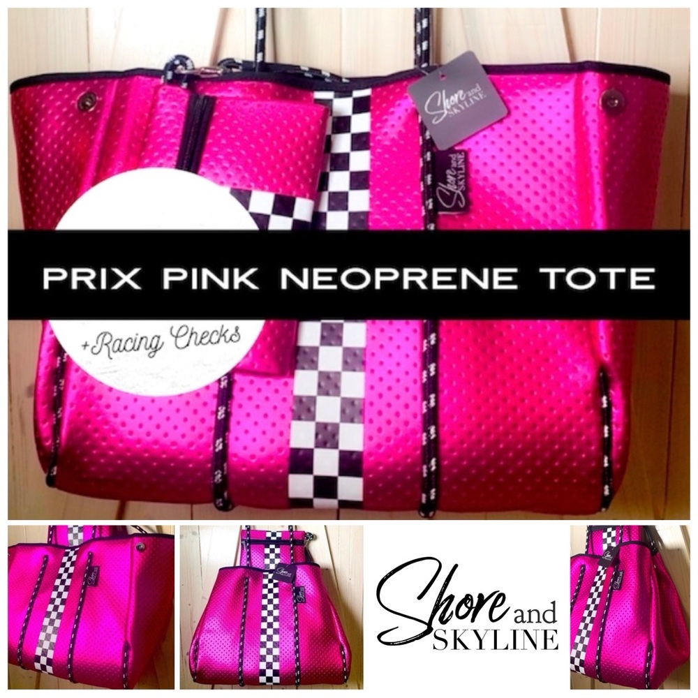 nwt waterproof TOTE Prix Hot Pink Racer or Titanium Silver Disco + racing checks